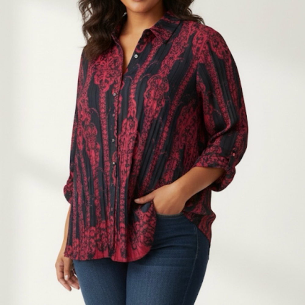 Maggie Barnes Purple Black Sheer Button Up Blouse Size 5X
